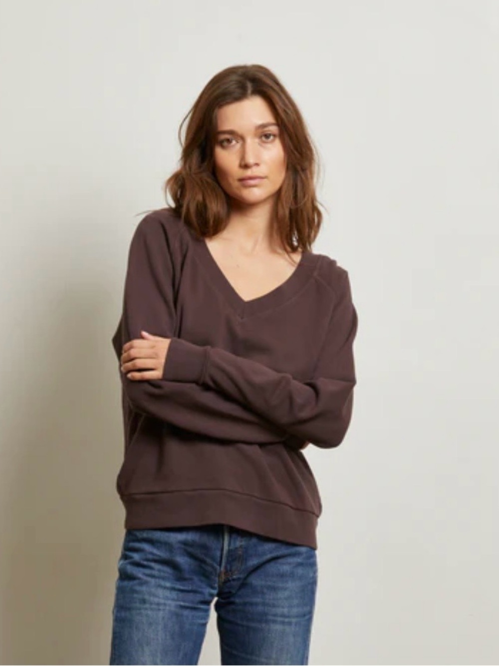 Perfectwhitetee French Terry V Neck Sweatshirt Sinead L Cocoa Minimalist Lounge